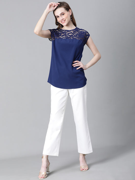 Women Soild Navy Blue Round Neck Short Sleeve Net Deatiled Top-W23089WBL004