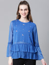 Women Blue Embroidered Round Neck Frill Style Long Sleeve Top-W23099WBL002