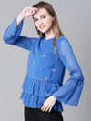 Women Blue Embroidered Round Neck Frill Style Long Sleeve Top-W23099WBL002