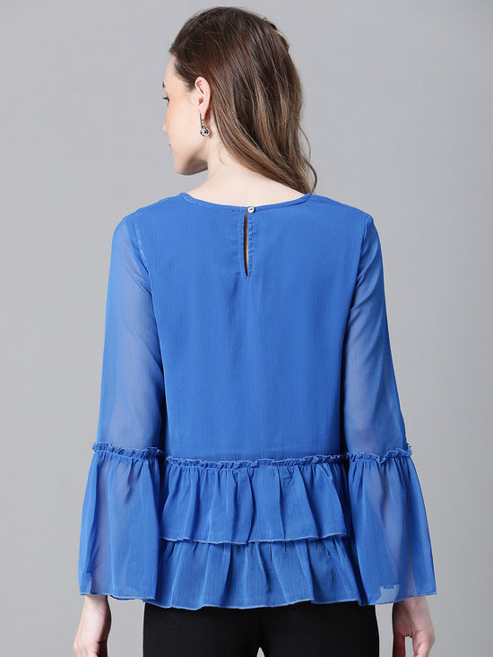 Women Blue Embroidered Round Neck Frill Style Long Sleeve Top-W23099WBL002