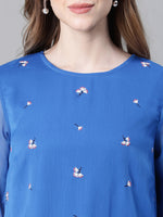 Women Blue Embroidered Round Neck Frill Style Long Sleeve Top-W23099WBL002