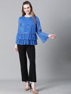 Women Blue Embroidered Round Neck Frill Style Long Sleeve Top-W23099WBL002