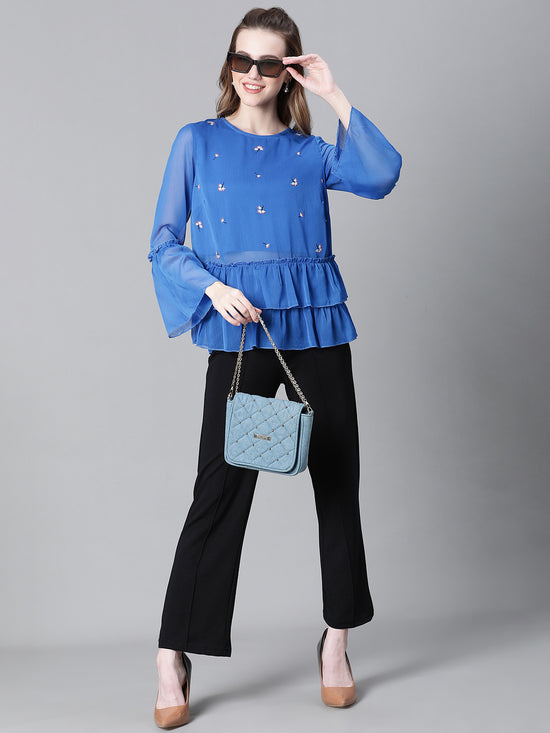 Women Blue Embroidered Round Neck Frill Style Long Sleeve Top-W23099WBL002