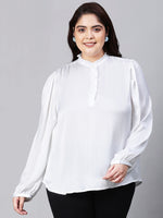 Women Plus Size  Soild White Round Neck Long Sleeve Top-W23104PBL002