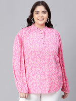 Women Plus Size Pink Floral Print Round Neck Long Sleeve Top-W23104PBL003