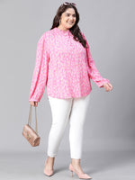 Women Plus Size Pink Floral Print Round Neck Long Sleeve Top-W23104PBL003