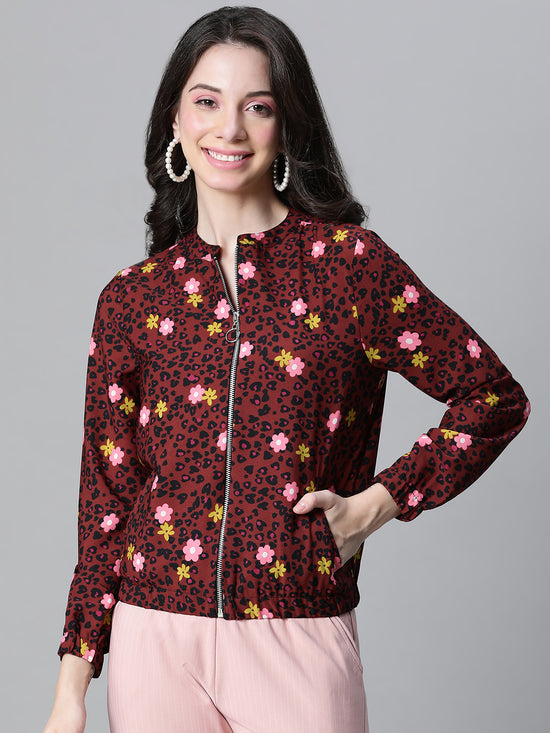 Women Multicolor  Floral Print Round Neck Zip Lined Bomber Jacket-W23105WBJK02