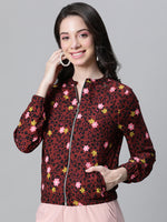 Women Multicolor  Floral Print Round Neck Zip Lined Bomber Jacket-W23105WBJK02