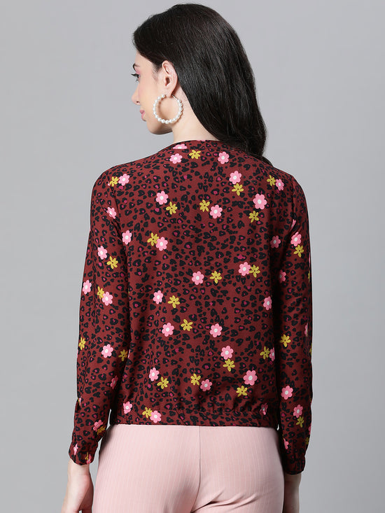 Women Multicolor  Floral Print Round Neck Zip Lined Bomber Jacket-W23105WBJK02