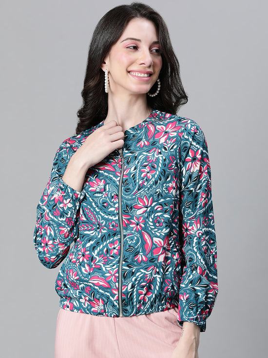 Women Multicolor  Floral Print Round Neck Zip Lined Bomber Jacket-W23105WBJK04