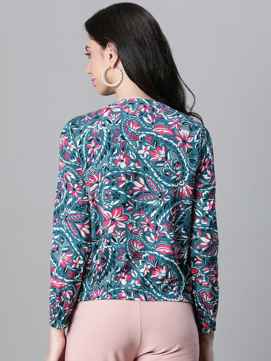 Women Multicolor  Floral Print Round Neck Zip Lined Bomber Jacket-W23105WBJK04