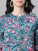 Women Multicolor  Floral Print Round Neck Zip Lined Bomber Jacket-W23105WBJK04