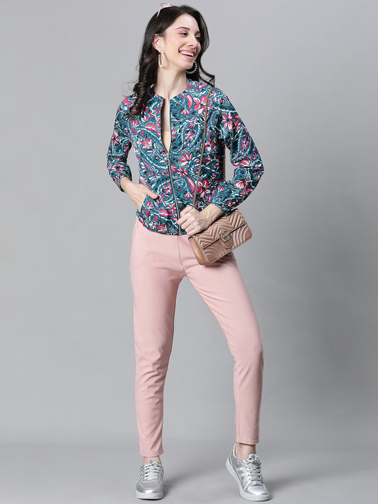 Women Multicolor  Floral Print Round Neck Zip Lined Bomber Jacket-W23105WBJK04