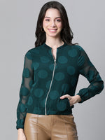 Women Green Printed Zipped Long Sleeve Round Neck Elasticated Bomber Jacket-W23105WBJK07