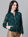 Women Green Printed Zipped Long Sleeve Round Neck Elasticated Bomber Jacket-W23105WBJK07