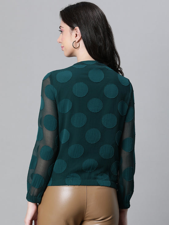 Women Green Printed Zipped Long Sleeve Round Neck Elasticated Bomber Jacket-W23105WBJK07