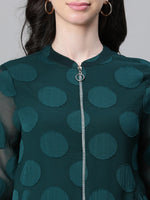 Women Green Printed Zipped Long Sleeve Round Neck Elasticated Bomber Jacket-W23105WBJK07