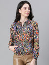 Women Multicolor Floral Print Round Neck Zip Lined Long Sleeve Bomber Jacket-W23105WBJK08