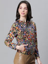 Women Multicolor Floral Print Round Neck Zip Lined Long Sleeve Bomber Jacket-W23105WBJK08