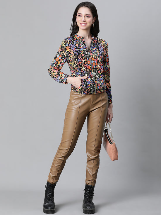 Women Multicolor Floral Print Round Neck Zip Lined Long Sleeve Bomber Jacket-W23105WBJK08