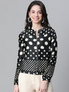 Women Black Dot Print Round Neck Zip Lined Long Sleeve Bomber Jacket-W23105WBJK09