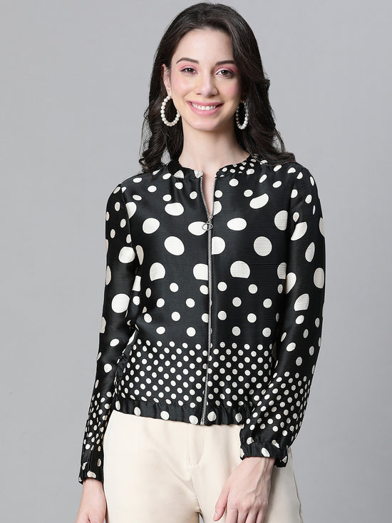 Women Black Dot Print Round Neck Zip Lined Long Sleeve Bomber Jacket-W23105WBJK09