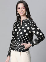 Women Black Dot Print Round Neck Zip Lined Long Sleeve Bomber Jacket-W23105WBJK09