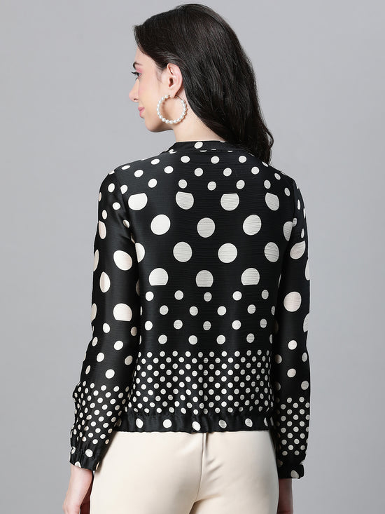 Women Black Dot Print Round Neck Zip Lined Long Sleeve Bomber Jacket-W23105WBJK09