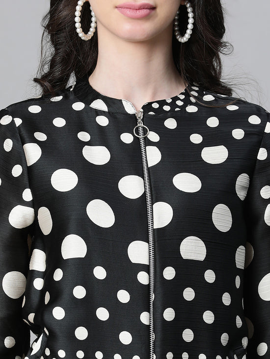 Women Black Dot Print Round Neck Zip Lined Long Sleeve Bomber Jacket-W23105WBJK09