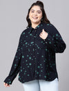 Women Plus Size Black Star Print Collared Long Sleeve Shirt-W23110PSH001