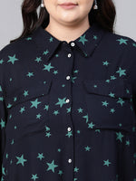 Women Plus Size Black Star Print Collared Long Sleeve Shirt-W23110PSH001