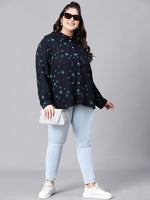 Women Plus Size Black Star Print Collared Long Sleeve Shirt-W23110PSH001