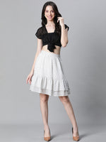 Women White Lurex Print Elasticated Flared & Layered Short Party Wear Skirt-W23111WSK001