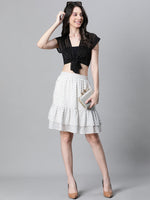 Women White Lurex Print Elasticated Flared & Layered Short Party Wear Skirt-W23111WSK001