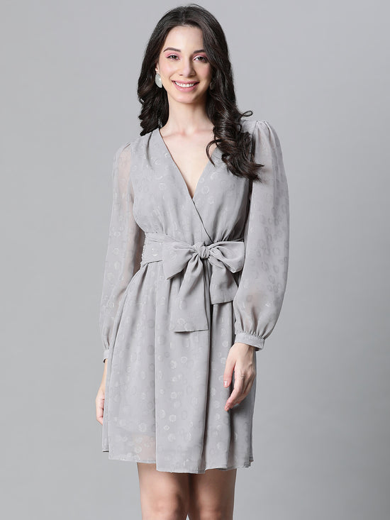 Women Grey Dobby V- Neck Tie-Knot Belted Long Sleeve Dress-W23113WDR004