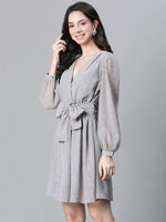 Women Grey Dobby V- Neck Tie-Knot Belted Long Sleeve Dress-W23113WDR004