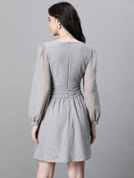 Women Grey Dobby V- Neck Tie-Knot Belted Long Sleeve Dress-W23113WDR004