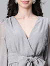 Women Grey Dobby V- Neck Tie-Knot Belted Long Sleeve Dress-W23113WDR004