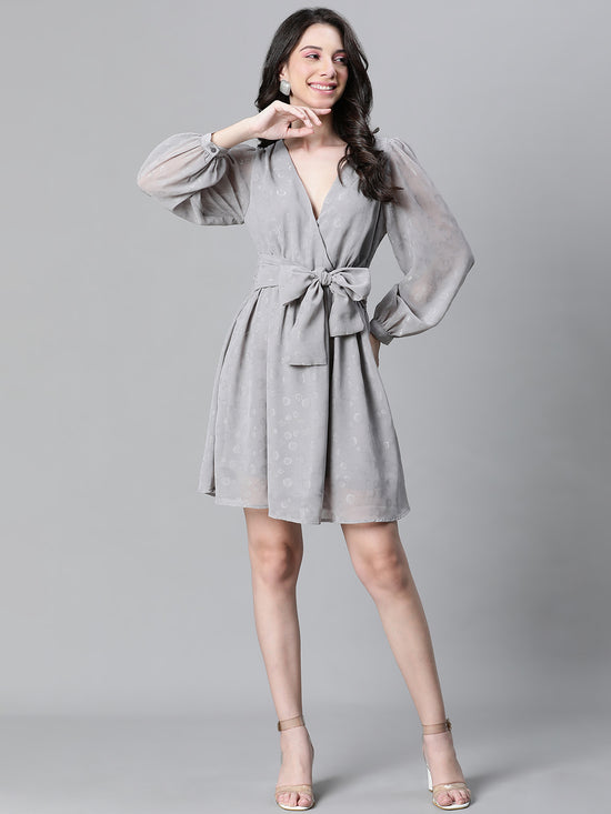 Women Grey Dobby V- Neck Tie-Knot Belted Long Sleeve Dress-W23113WDR004