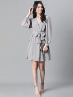 Women Grey Dobby V- Neck Tie-Knot Belted Long Sleeve Dress-W23113WDR004