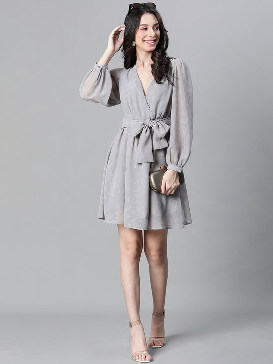 Women Grey Dobby V- Neck Tie-Knot Belted Long Sleeve Dress-W23113WDR004