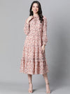 Women Peach Floral Lurex Print Round Neck Long Sleeve Elasticated Flare Long Maxi Dress-W23114WDR001