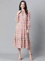 Women Peach Floral Lurex Print Round Neck Long Sleeve Elasticated Flare Long Maxi Dress-W23114WDR001