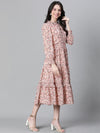 Women Peach Floral Lurex Print Round Neck Long Sleeve Elasticated Flare Long Maxi Dress-W23114WDR001