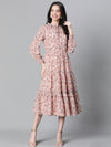 Women Peach Floral Lurex Print Round Neck Long Sleeve Elasticated Flare Long Maxi Dress-W23114WDR001