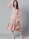 Women Peach Floral Lurex Print Round Neck Long Sleeve Elasticated Flare Long Maxi Dress-W23114WDR001