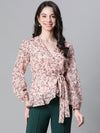 Women Peach Floral Lurex Print V-Neck Tie-Knot Belted Long Sleeve Top-W23115WBL003