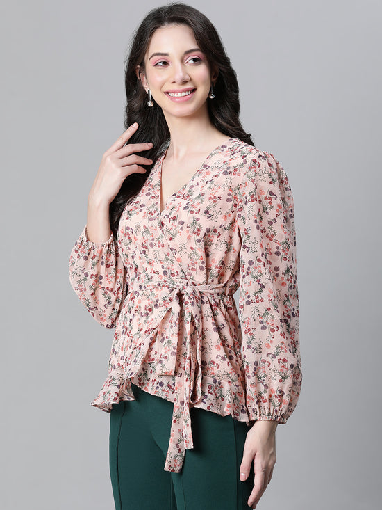 Women Peach Floral Lurex Print V-Neck Tie-Knot Belted Long Sleeve Top-W23115WBL003