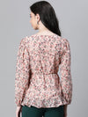 Women Peach Floral Lurex Print V-Neck Tie-Knot Belted Long Sleeve Top-W23115WBL003