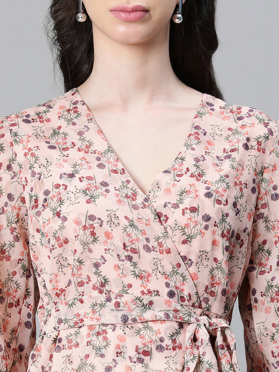 Women Peach Floral Lurex Print V-Neck Tie-Knot Belted Long Sleeve Top-W23115WBL003